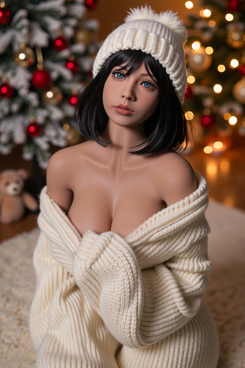blauen Augen sex doll, die einen weißen Strickpullover trägt