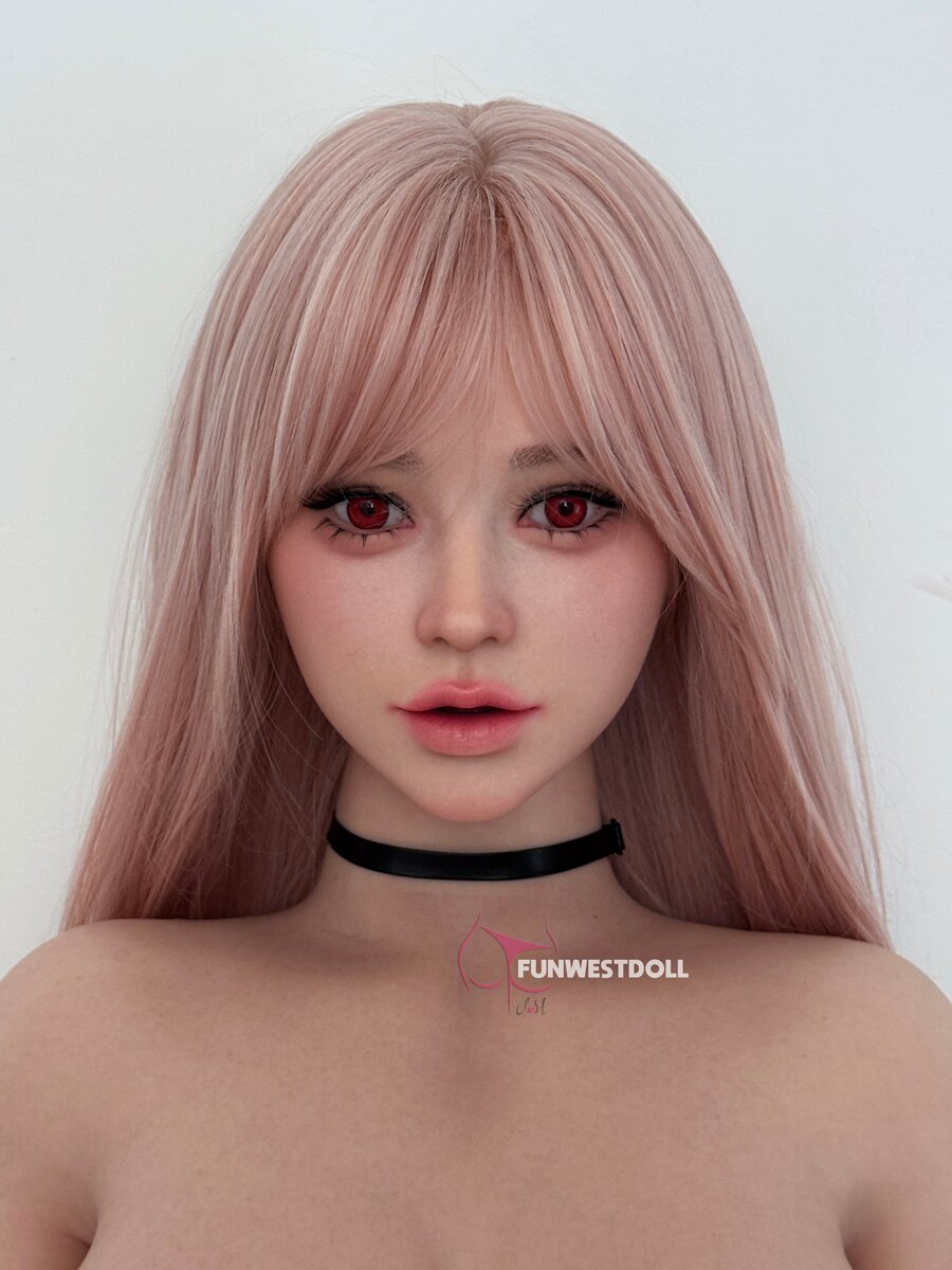 Real sex Doll Kopf mit rosa Haaren und großen detailreichen Augen