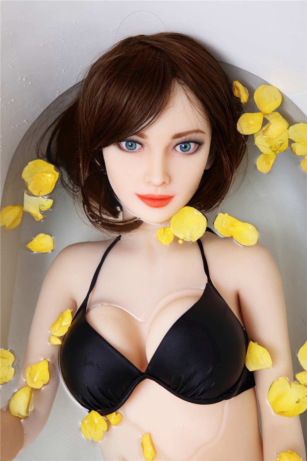 Blaue Augen Real Sex doll die gelbe Rosen mag